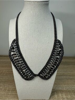 LOFT Gunmetal Statement Necklace 1920s Flapper Style Hermatite Rhinestone Collar
